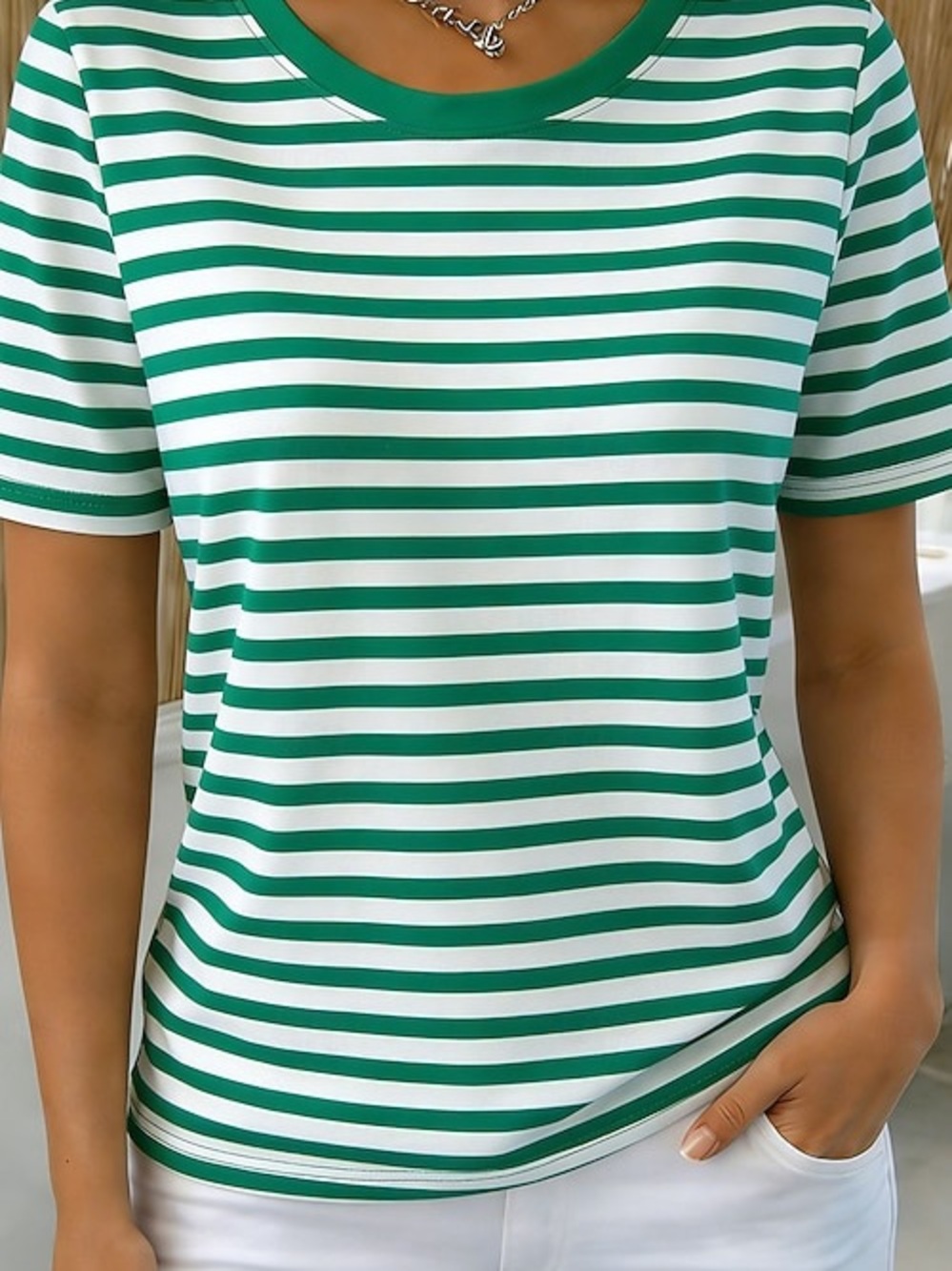 Talbots Green and White Striped Short Sleeve Tee